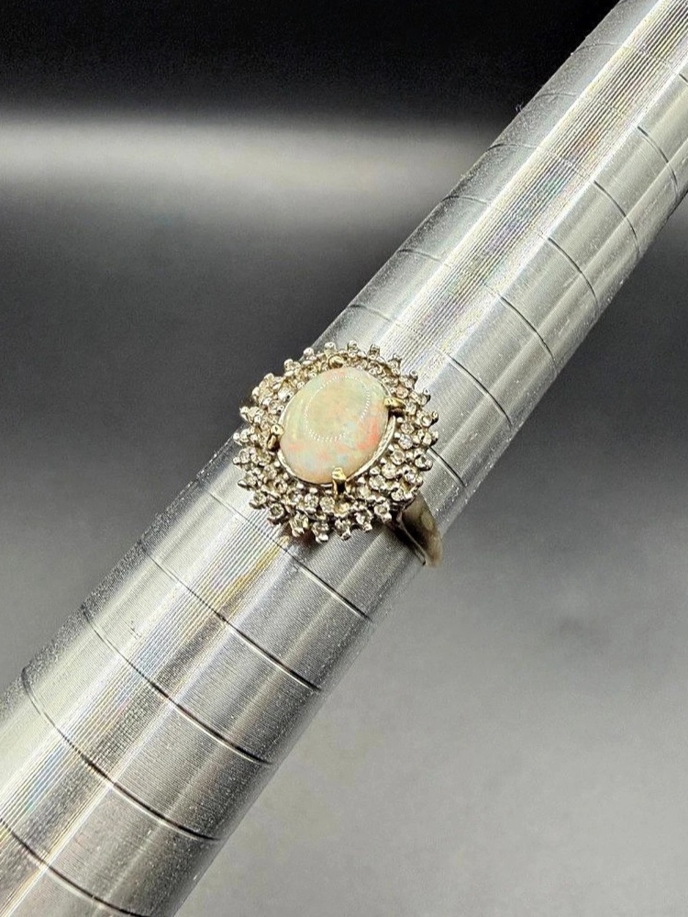 Antique 10k Yellow Gold Round White Opal Diamond Cluster Size 9 Estate Jewelry